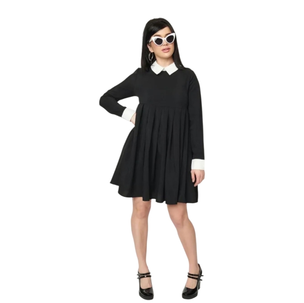 UNIQUE VINTAGE black long sleeve Peggy babydoll dress with Peter Pan collar XS